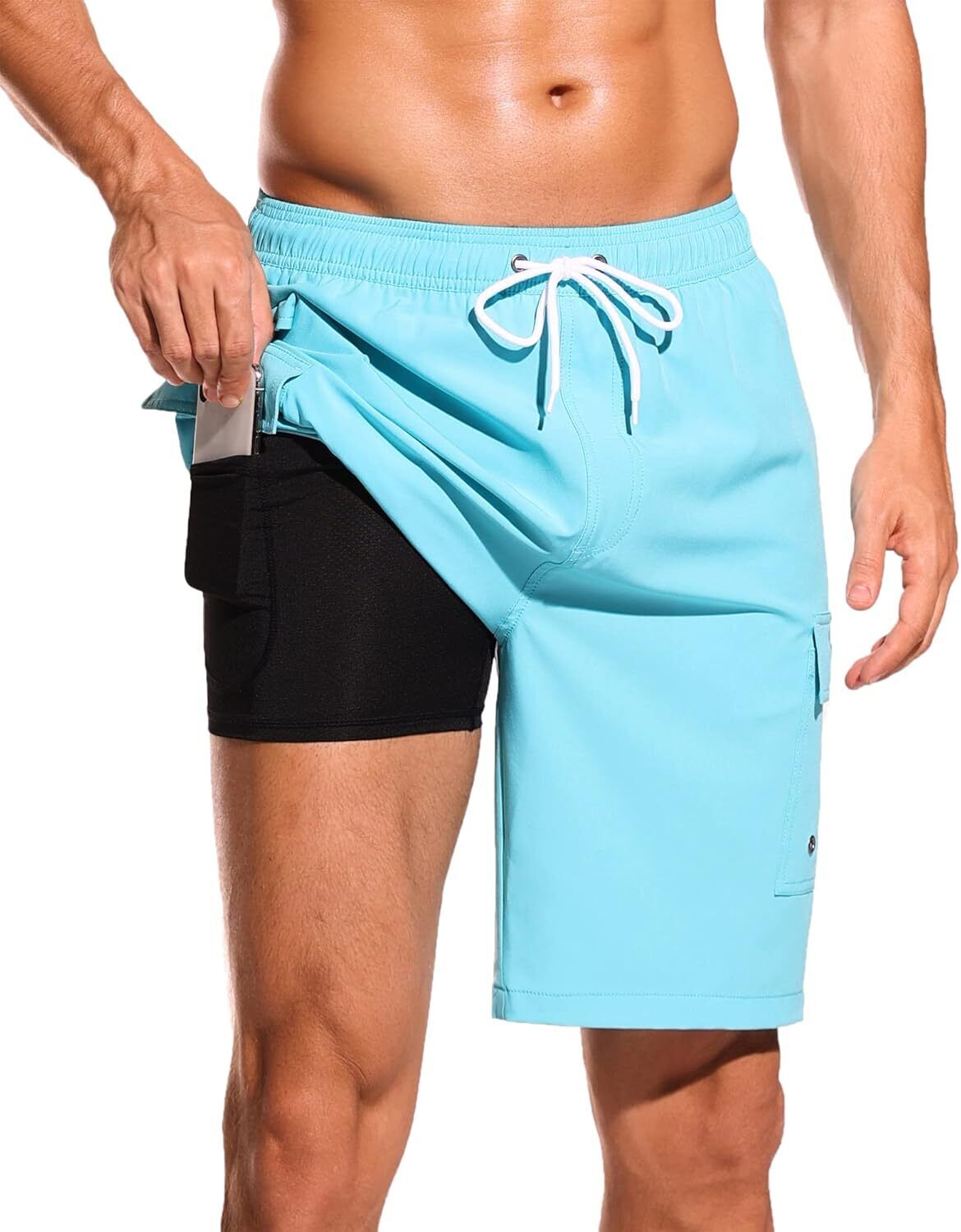 Men's 9" Quick-Dry Swim Trunks with Compression Liner & Cargo Pockets - Picture 44 of 48