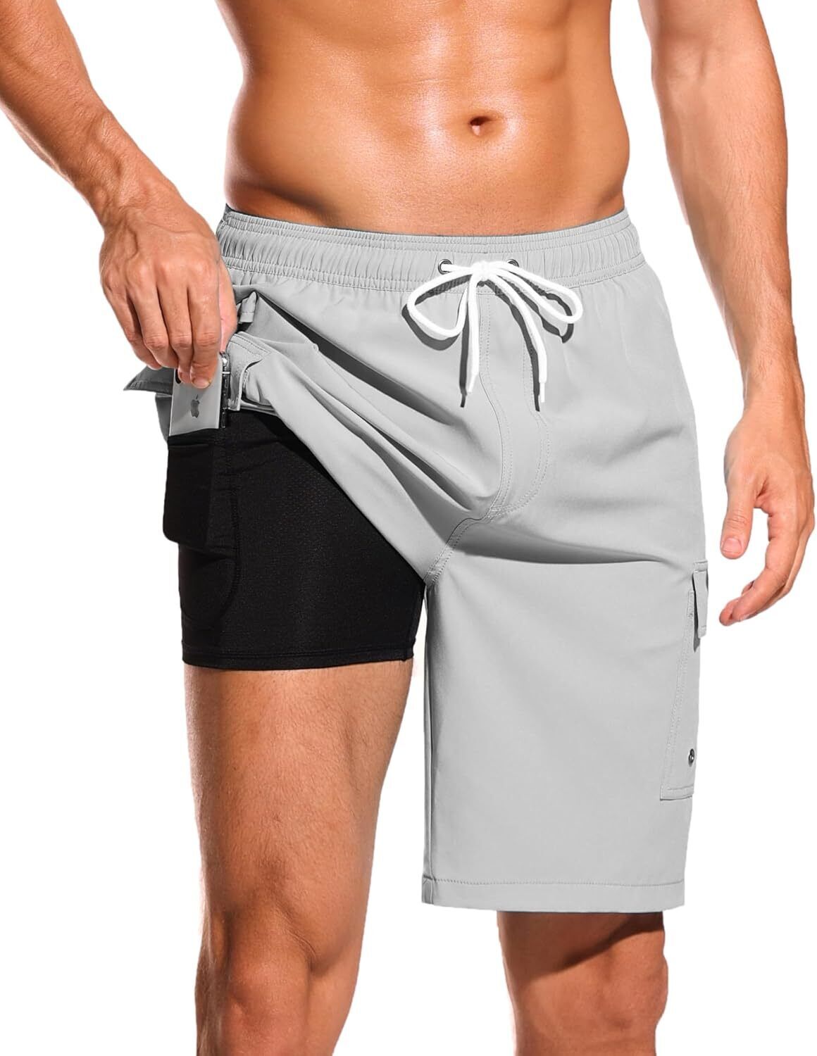 Men's 9" Quick-Dry Swim Trunks with Compression Liner & Cargo Pockets - Picture 47 of 48