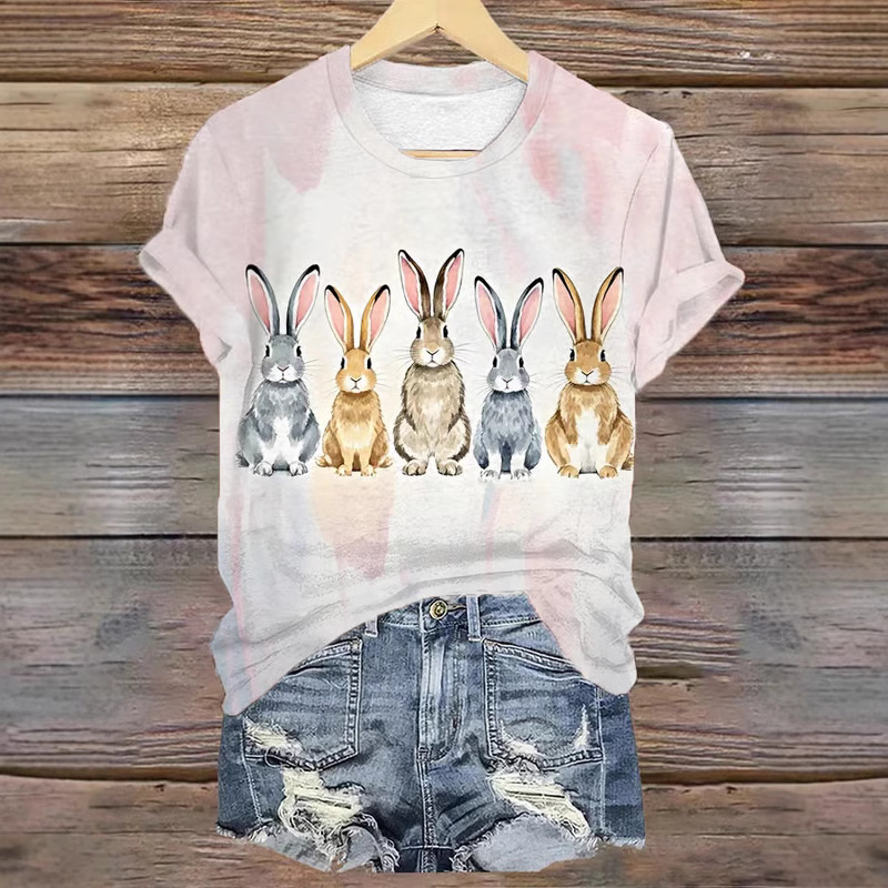 Easter Bunny 3D Digital Printed Women's Round Neck Short Sleeved T-Shirt - Picture 7 of 7