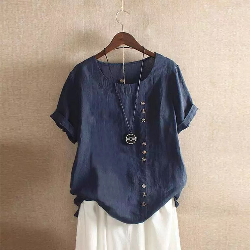 Summer Womens Cotton Linen Tunic Blouse Tops Solid Short Sleeve Shirts Plus Size