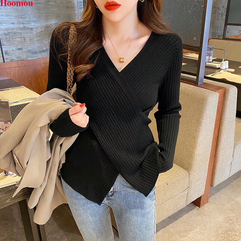 New Korean Womens Cross V-neck Asymmetric Slit Fall Winter Tops Tee Blouse