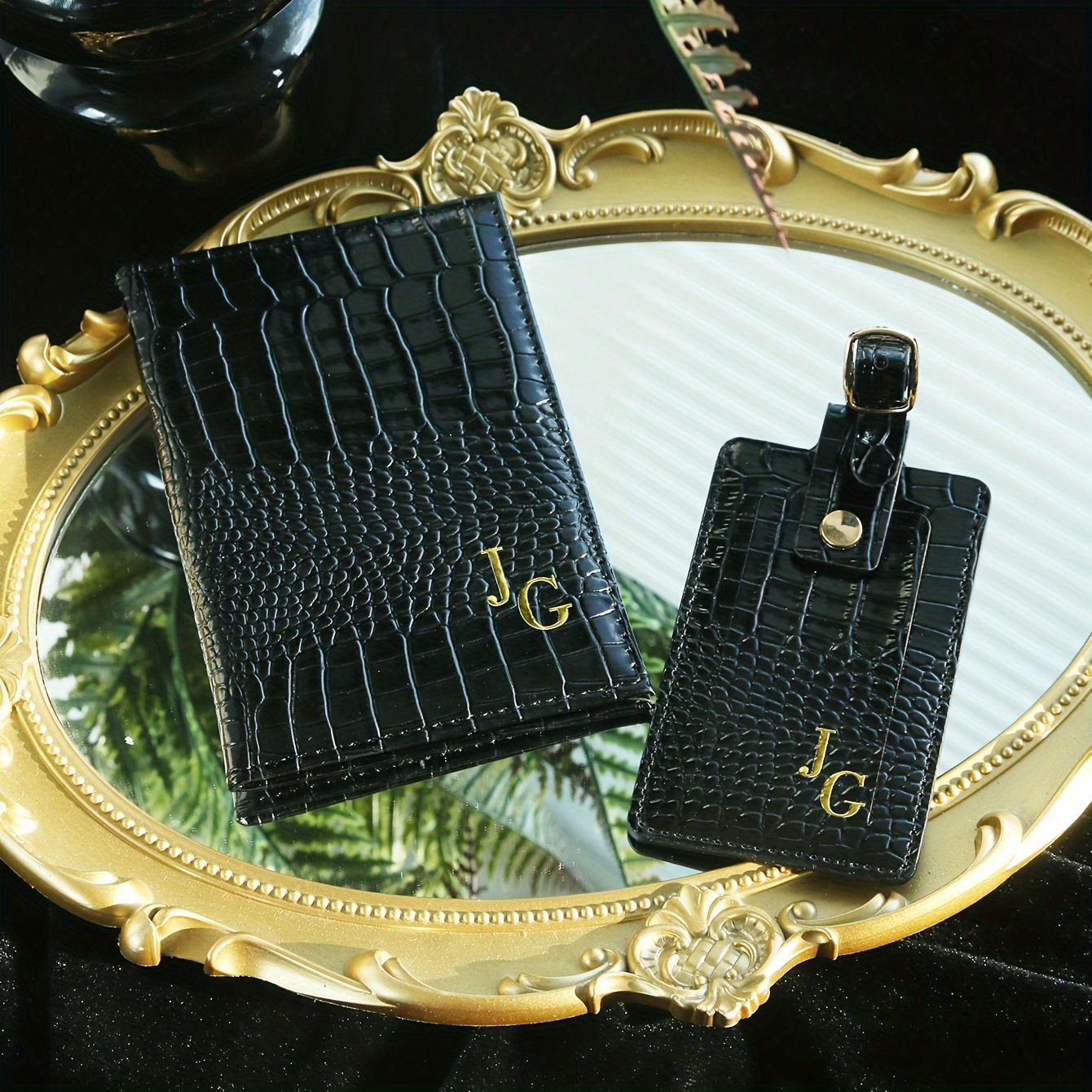 Luxury Crocodile Faux Leather Passport Holder & Luggage Tag Set Customizable