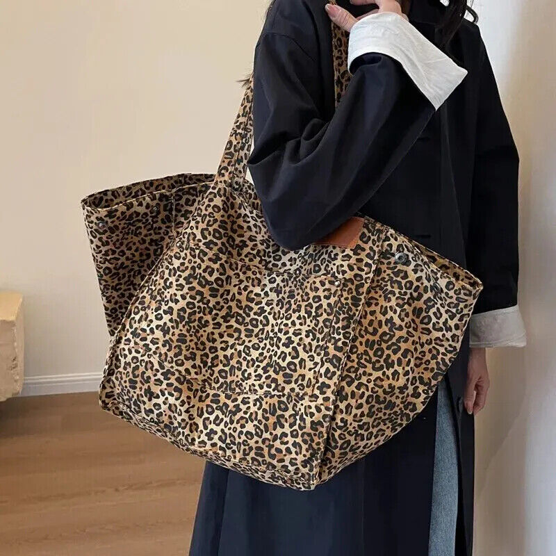 Leopard Pattern Tote Bag Vintage Canvas Shoulder Bag Fashion Big Capacity...