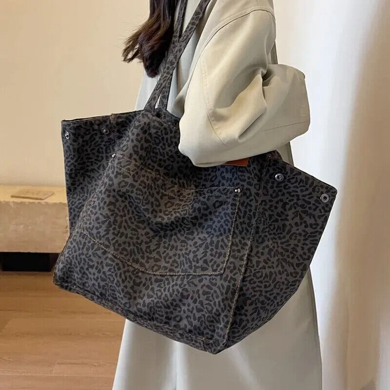 Leopard Pattern Tote Bag Vintage Canvas Shoulder Bag Fashion Big Capacity...