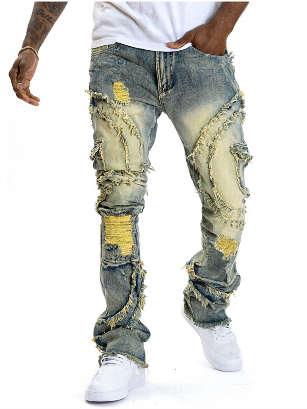 Pantalones de mezclilla ajustados desgastados rasgados informales elásticos ajustados para hombre - Imagen 7 de 8