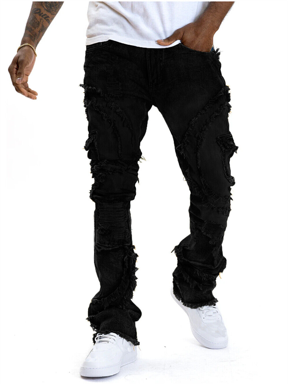 Pantalones de mezclilla ajustados desgastados rasgados informales elásticos ajustados para hombre - Imagen 8 de 8