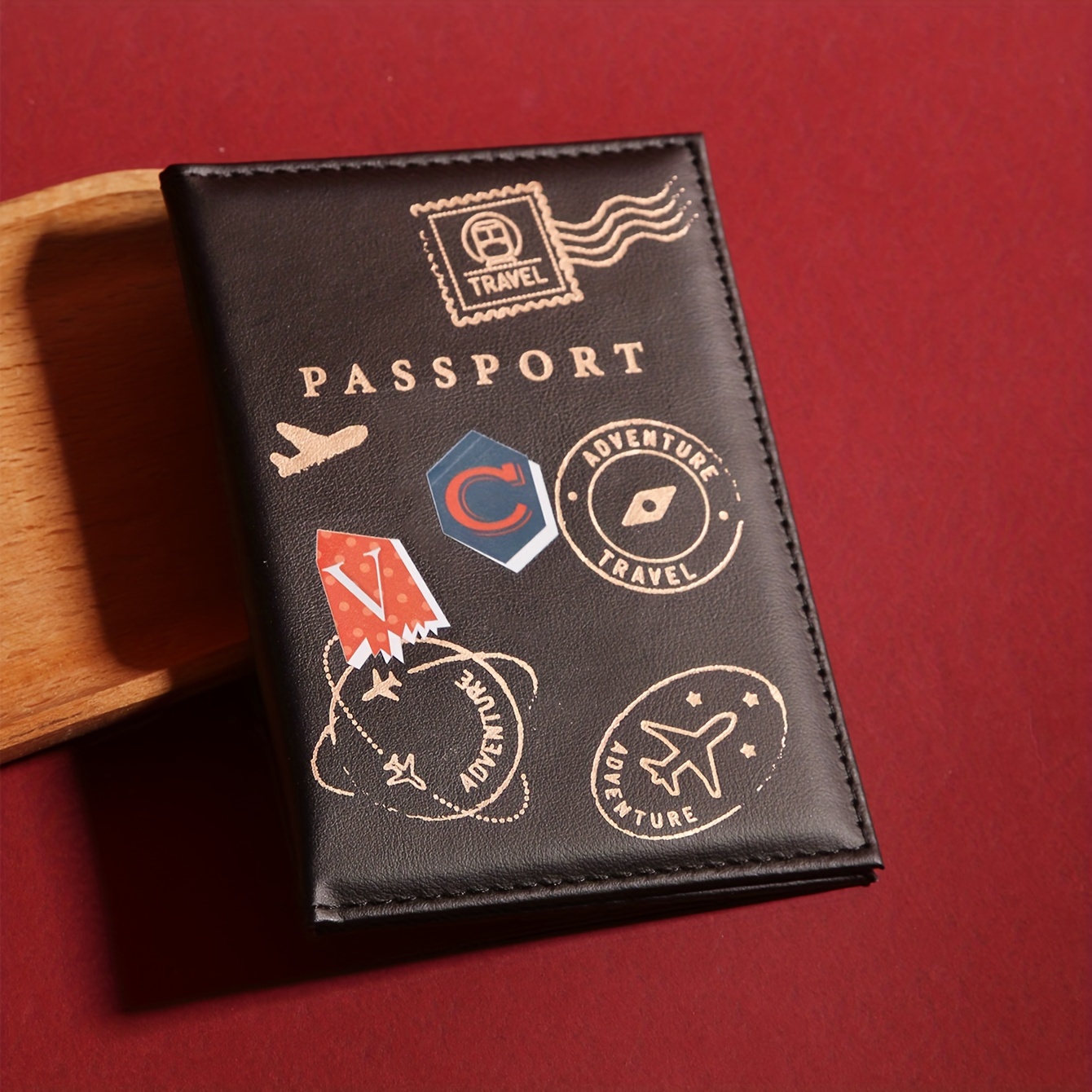 Personalized PU Passport Cover w/ Initials-Travel Postmark Design Foldable Stain