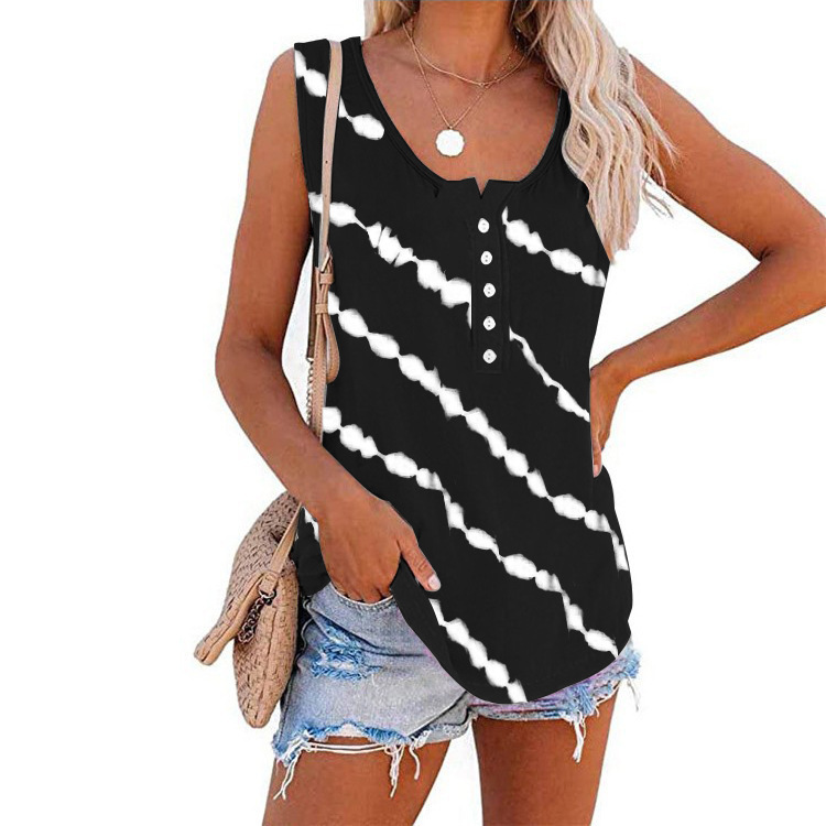 New Summer Women's Casual Printed Round Neck Sleeveless Loose T-Shirt Vest - Picture 10 of 17