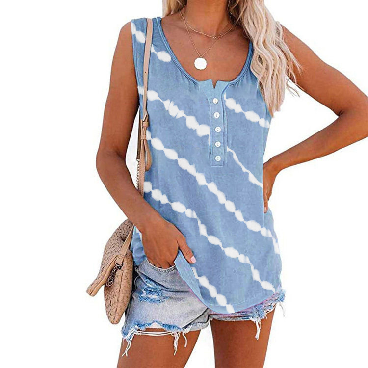 New Summer Women's Casual Printed Round Neck Sleeveless Loose T-Shirt Vest - Picture 12 of 17
