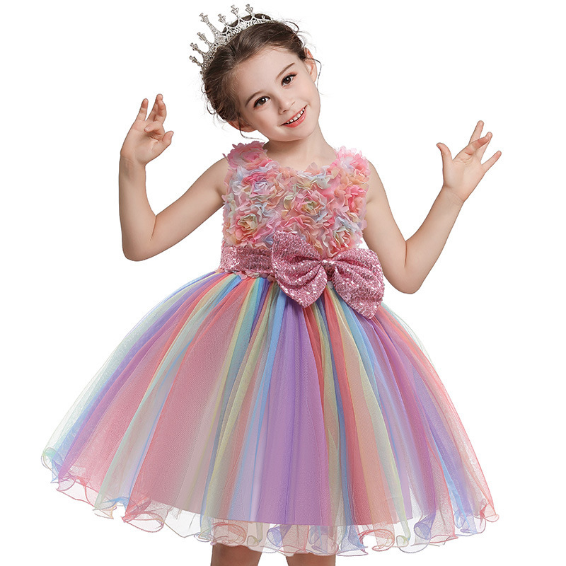 Girls Sequin Party Dress Flower Bow Rainbow Princess Birthday Wedding Dresses