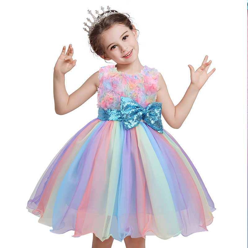 Girls Sequin Party Dress Flower Bow Rainbow Princess Birthday Wedding Dresses
