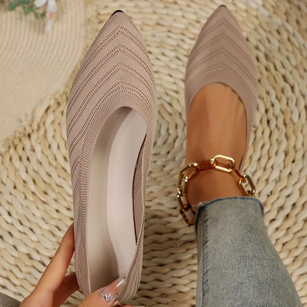 Pointed Toe Shoes Knitted Slip on Shoes Breathable Ballet Flats Loafers Comfort