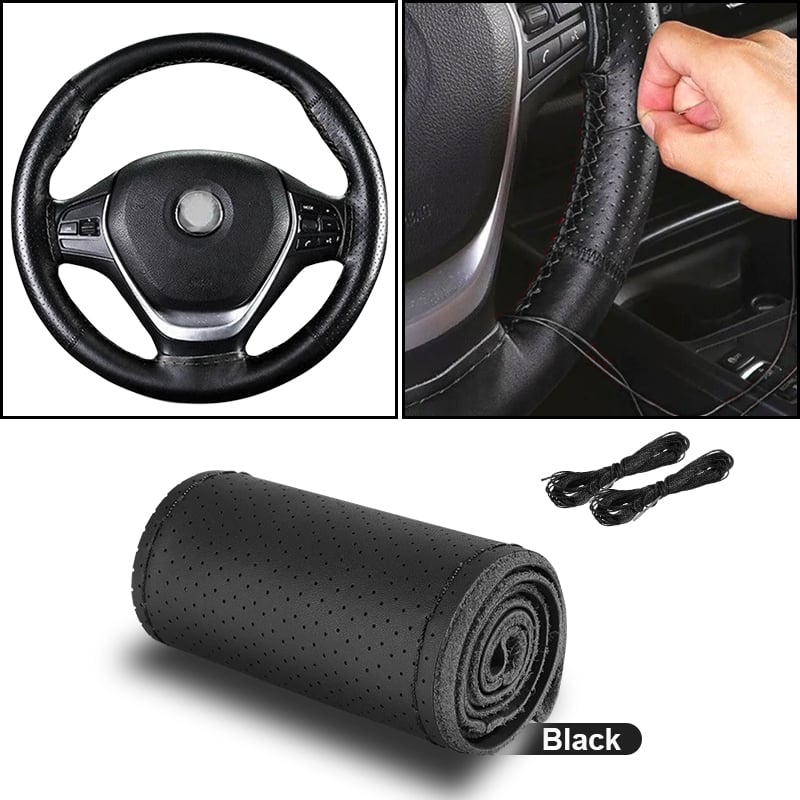 15"in Genuine Leather Auto Car Steering Wheel Cover DIY Stitch On Wrap Protector