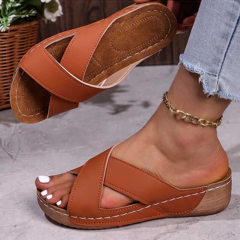 Womens Peep Toe Summer Sandals Comfy Wedge Heels Slippers Low Heels Slippers