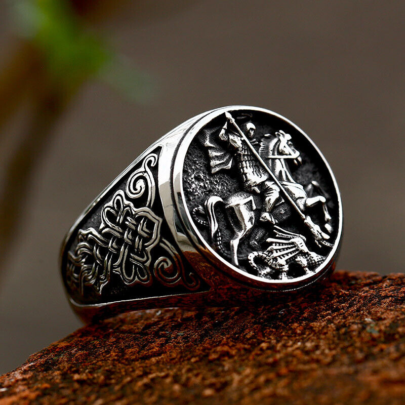 Men St Saint Benedict Medal George Dragon Ring Knight Templar Stainless Steel - Picture 19 of 28