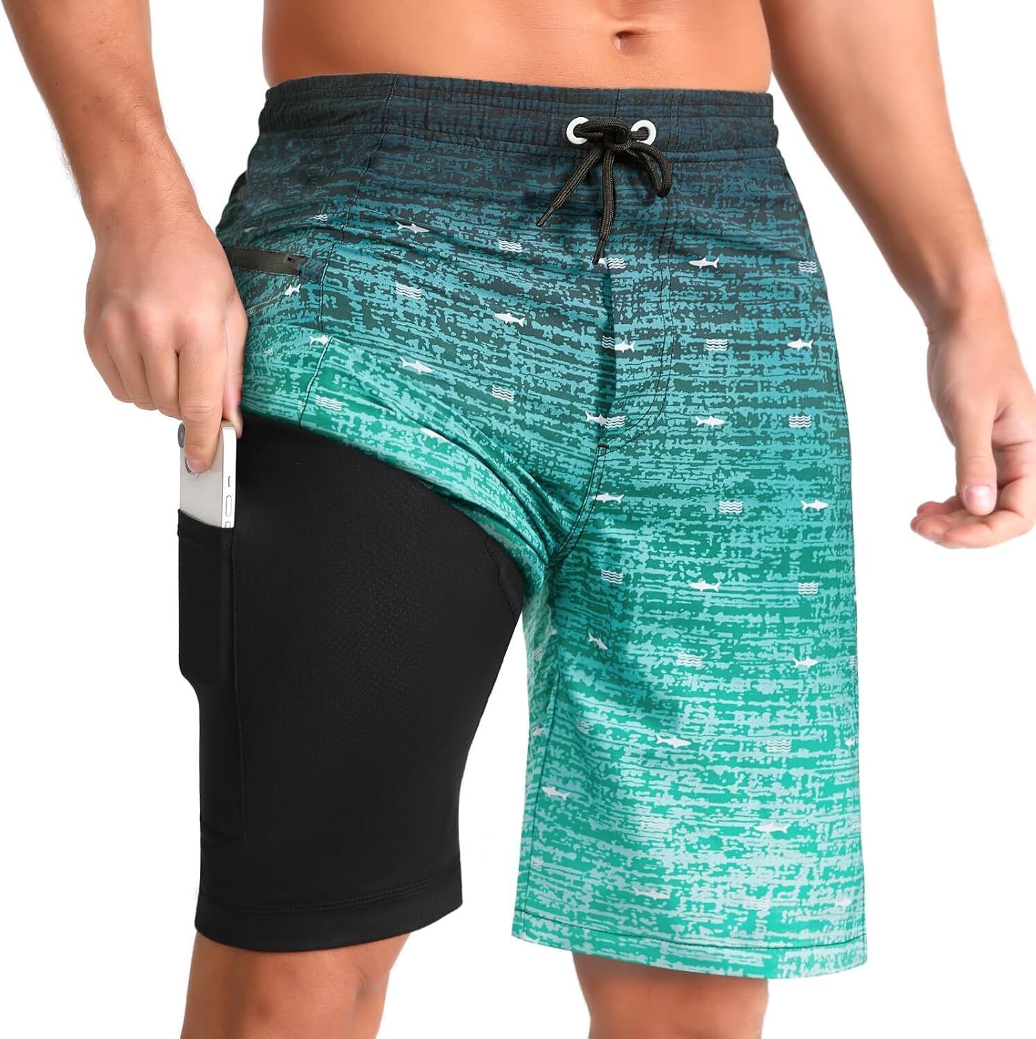 Men's Quick Dry Swim Shorts with Compression Liner Zipper Pockets 9" Inseam - Picture 22 of 31