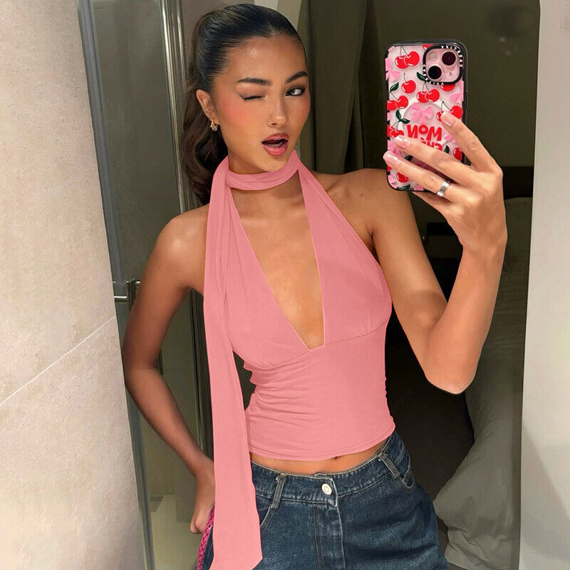 New Women's SEXY Shirts Halters Scarf V Neck Crop Tops Summer Tee Backless Vest - Picture 31 of 35