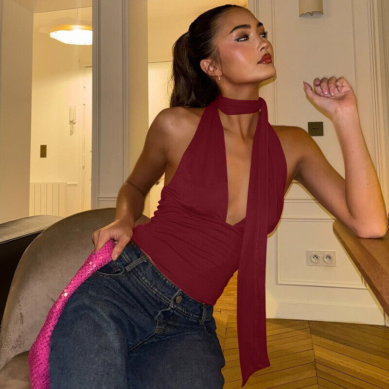 New Women's SEXY Shirts Halters Scarf V Neck Crop Tops Summer Tee Backless Vest - Picture 33 of 35