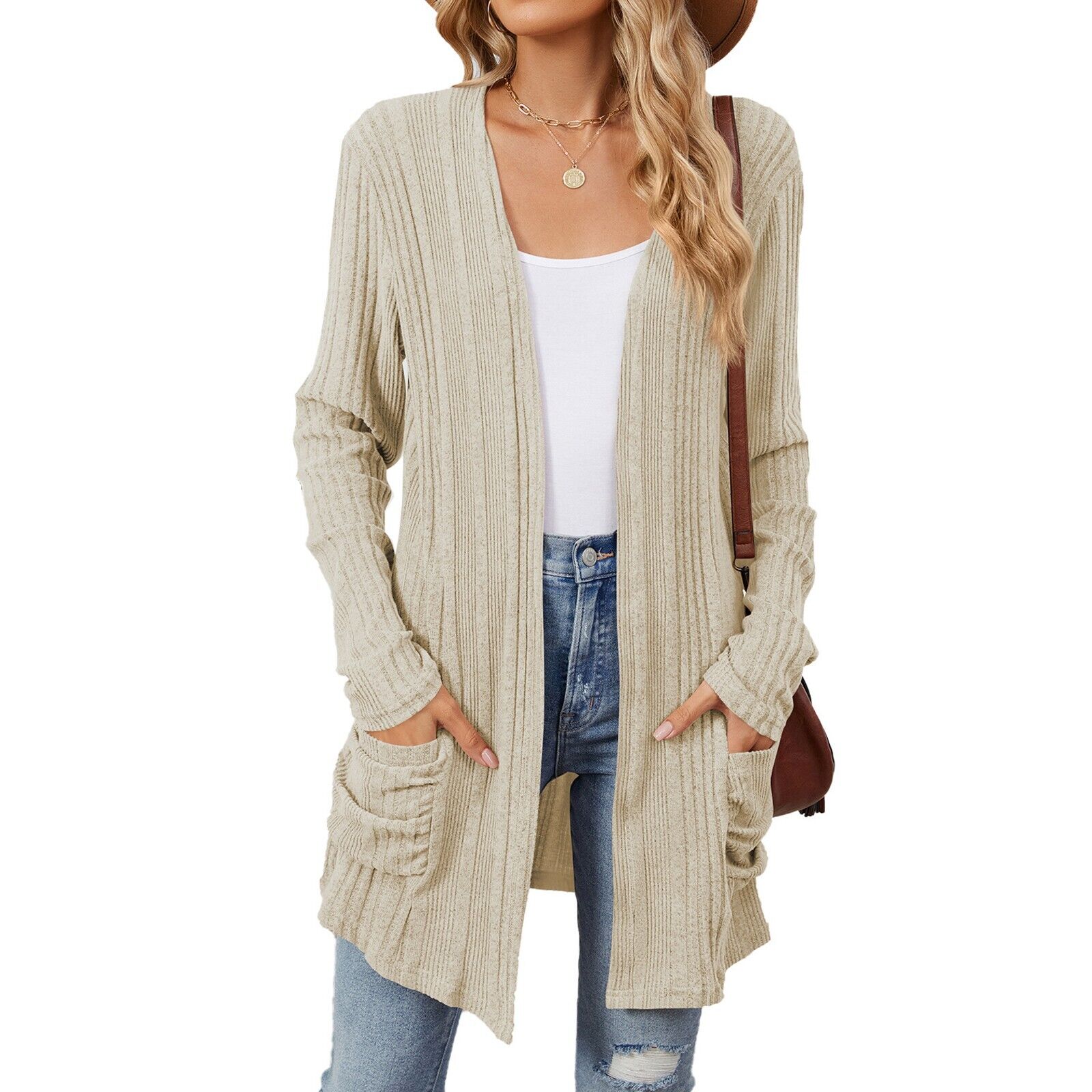 Womens Open Front Fly Away Cardigan Sweater Long Sleeve with Pockets Loose Drape - Picture 26 of 36