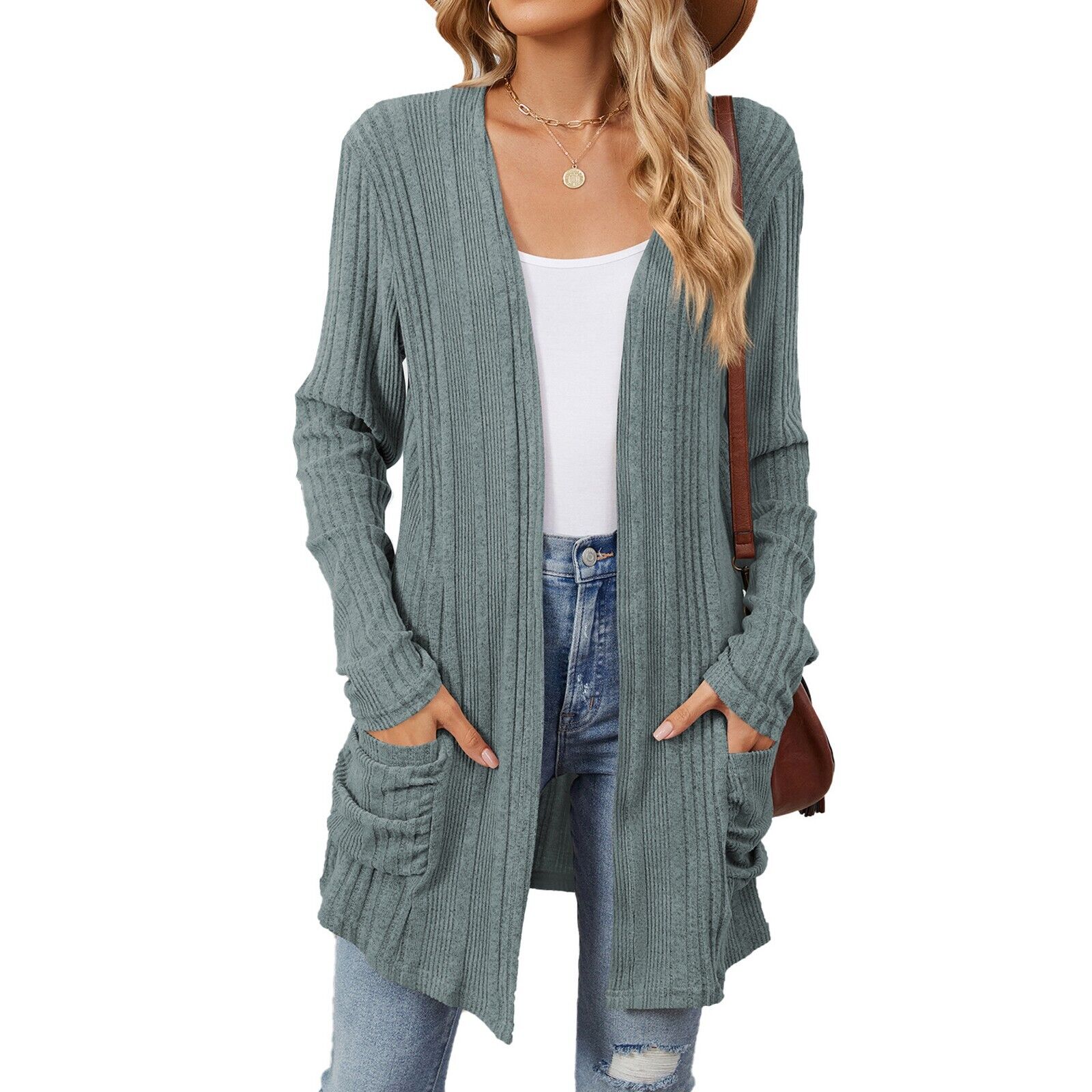 Womens Open Front Fly Away Cardigan Sweater Long Sleeve with Pockets Loose Drape - Picture 28 of 36