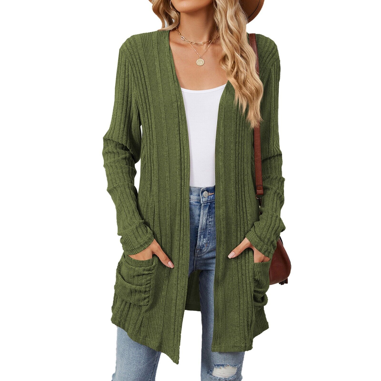 Womens Open Front Fly Away Cardigan Sweater Long Sleeve with Pockets Loose Drape - Picture 29 of 36