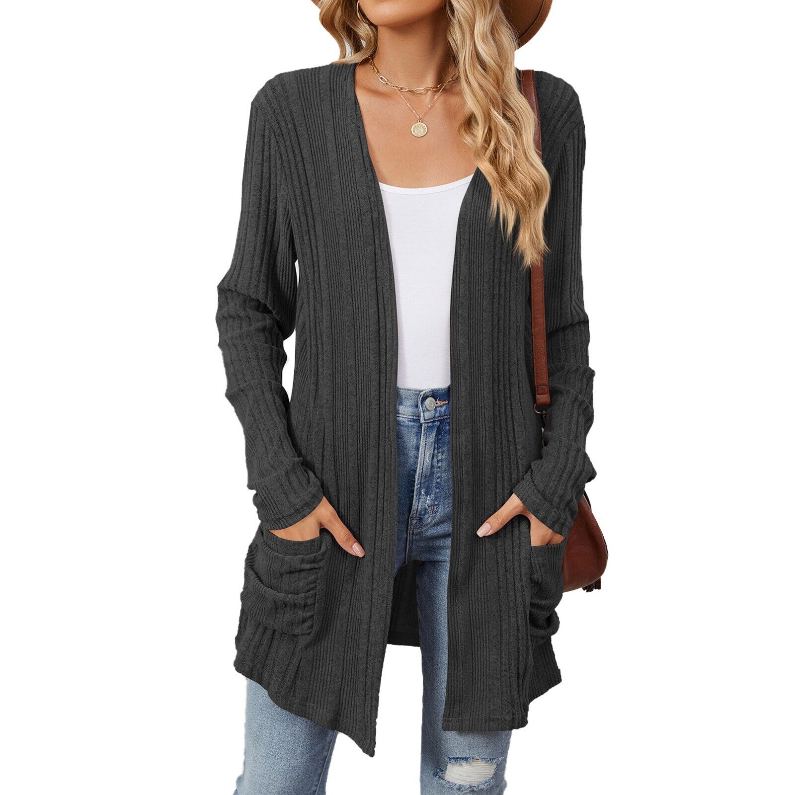 Womens Open Front Fly Away Cardigan Sweater Long Sleeve with Pockets Loose Drape - Picture 30 of 36