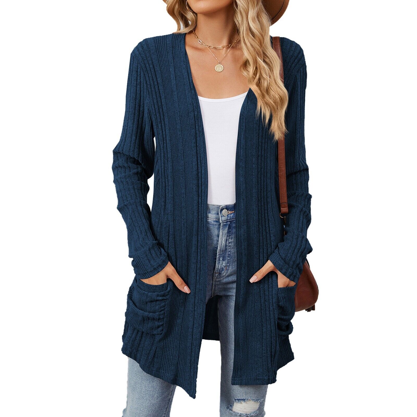 Womens Open Front Fly Away Cardigan Sweater Long Sleeve with Pockets Loose Drape - Picture 25 of 36