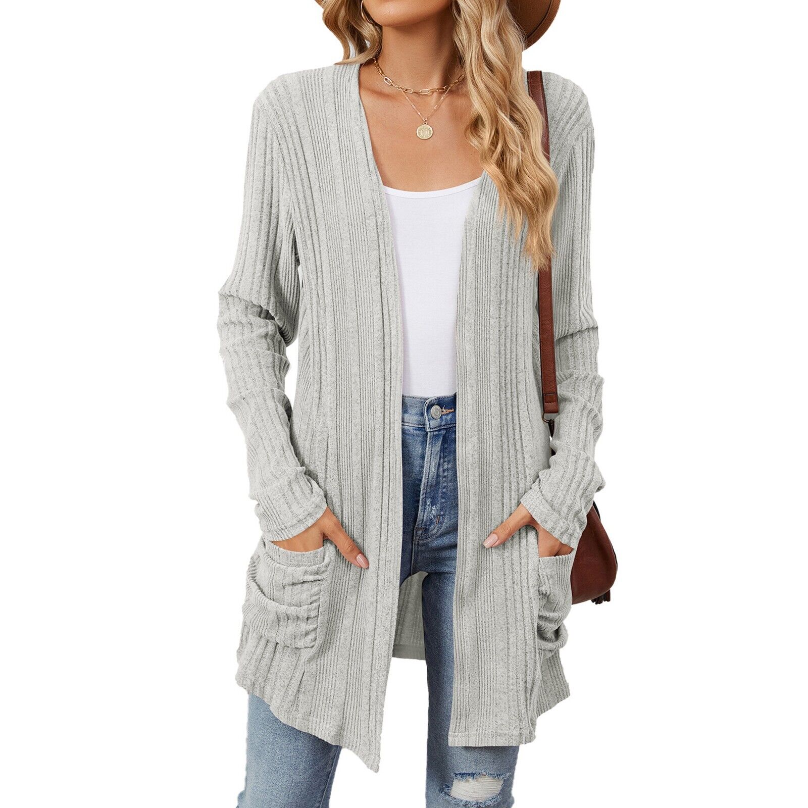 Womens Open Front Fly Away Cardigan Sweater Long Sleeve with Pockets Loose Drape - Picture 31 of 36