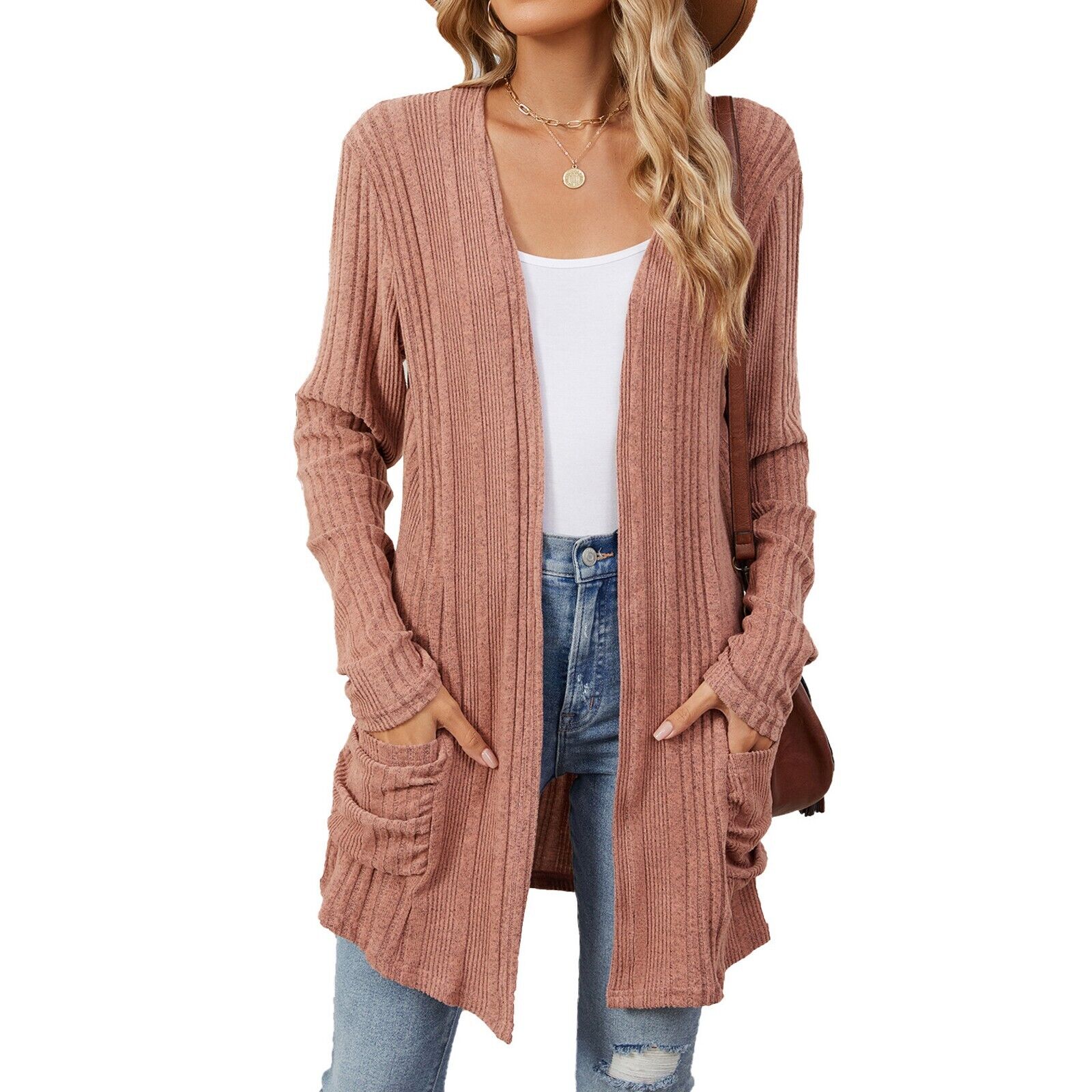 Womens Open Front Fly Away Cardigan Sweater Long Sleeve with Pockets Loose Drape - Picture 35 of 36