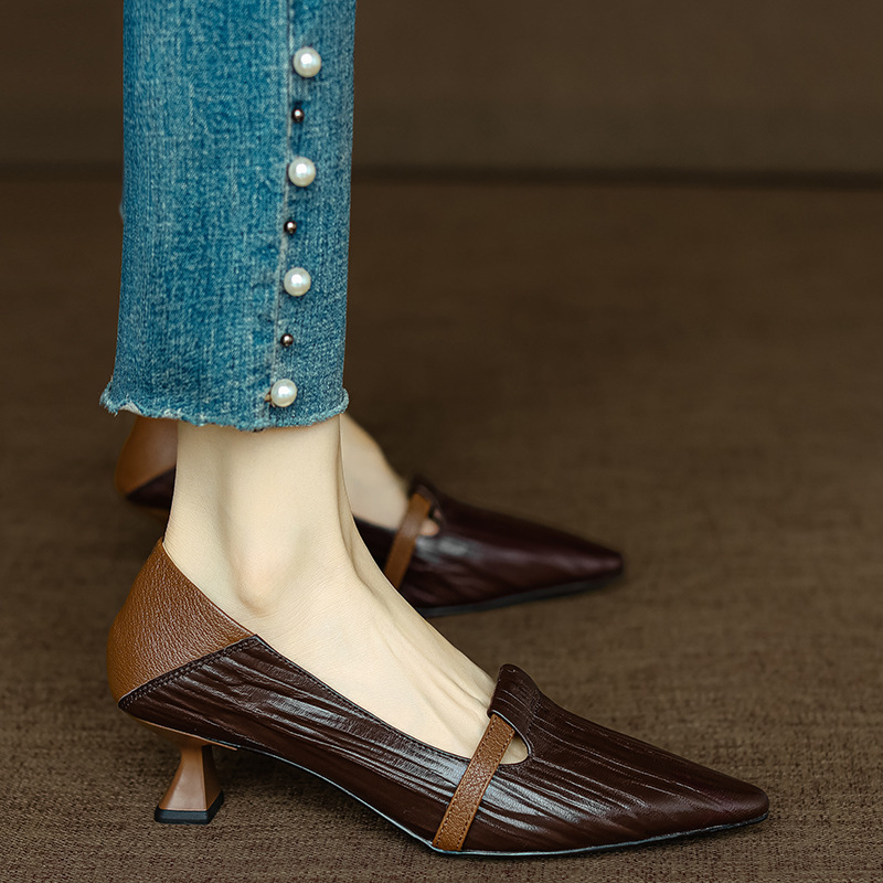Women's French Kitten Heels Thin Heel Pump Pointed Toe Shoes Office OL Slip On - Picture 16 of 16