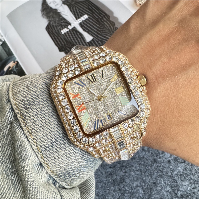 Hip Hop Luxury Fully Ice out Men's Watch Iced VVS Silver Square Diamond Jewelry
