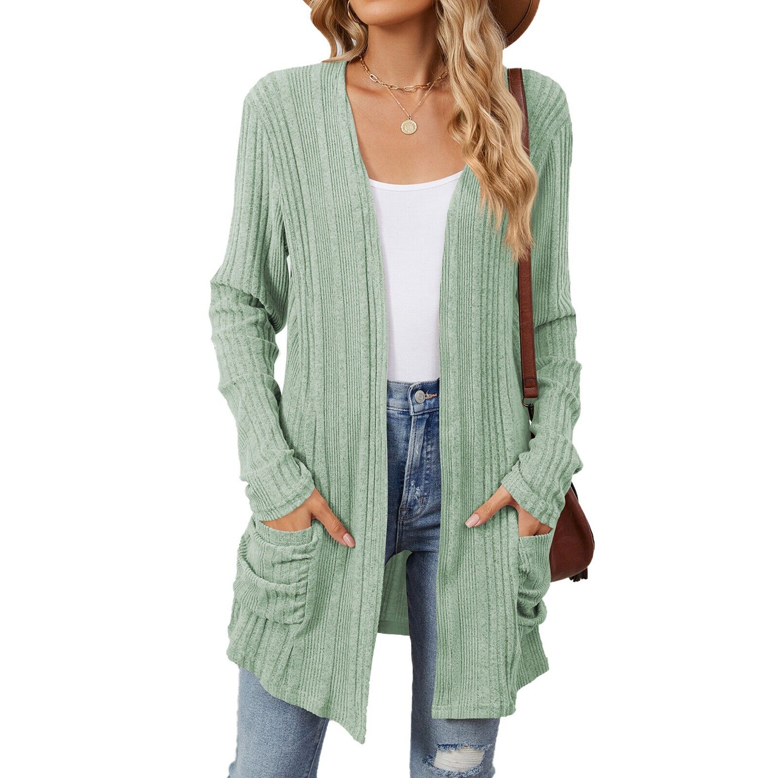 Womens Open Front Fly Away Cardigan Sweater Long Sleeve with Pockets Loose Drape - Picture 32 of 36