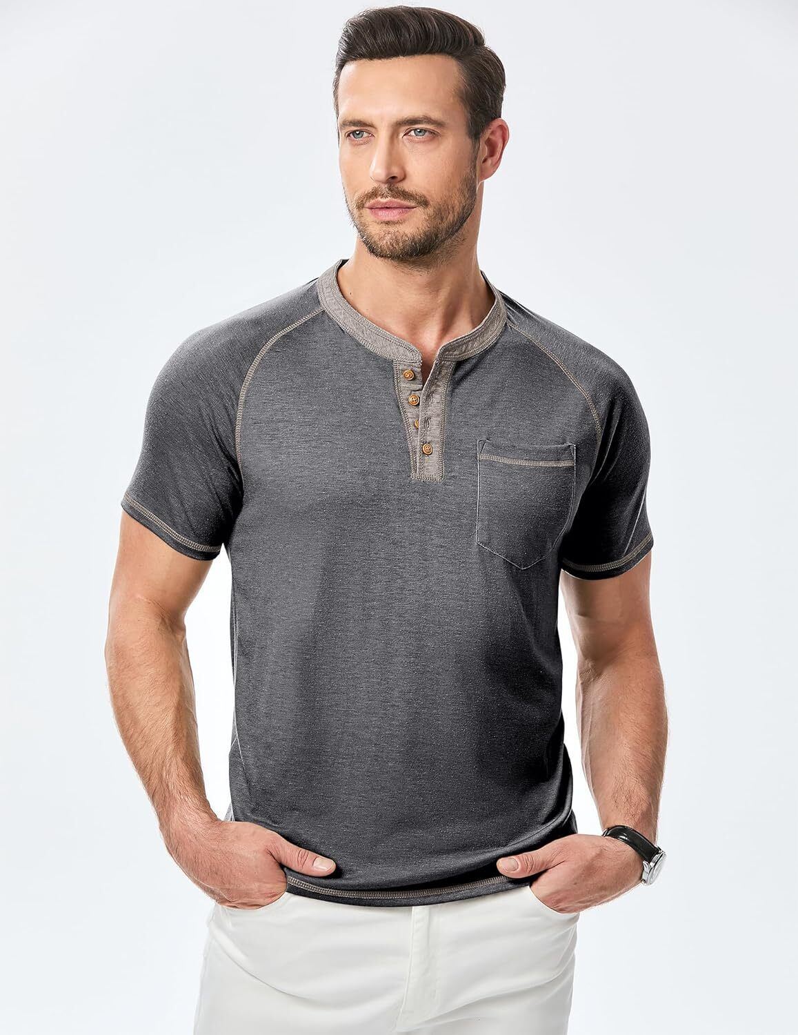 Men's Henley T Shirt Short Sleeve Cotton Raglan Casual Fit Soft Lightweight Tee - Picture 8 of 17