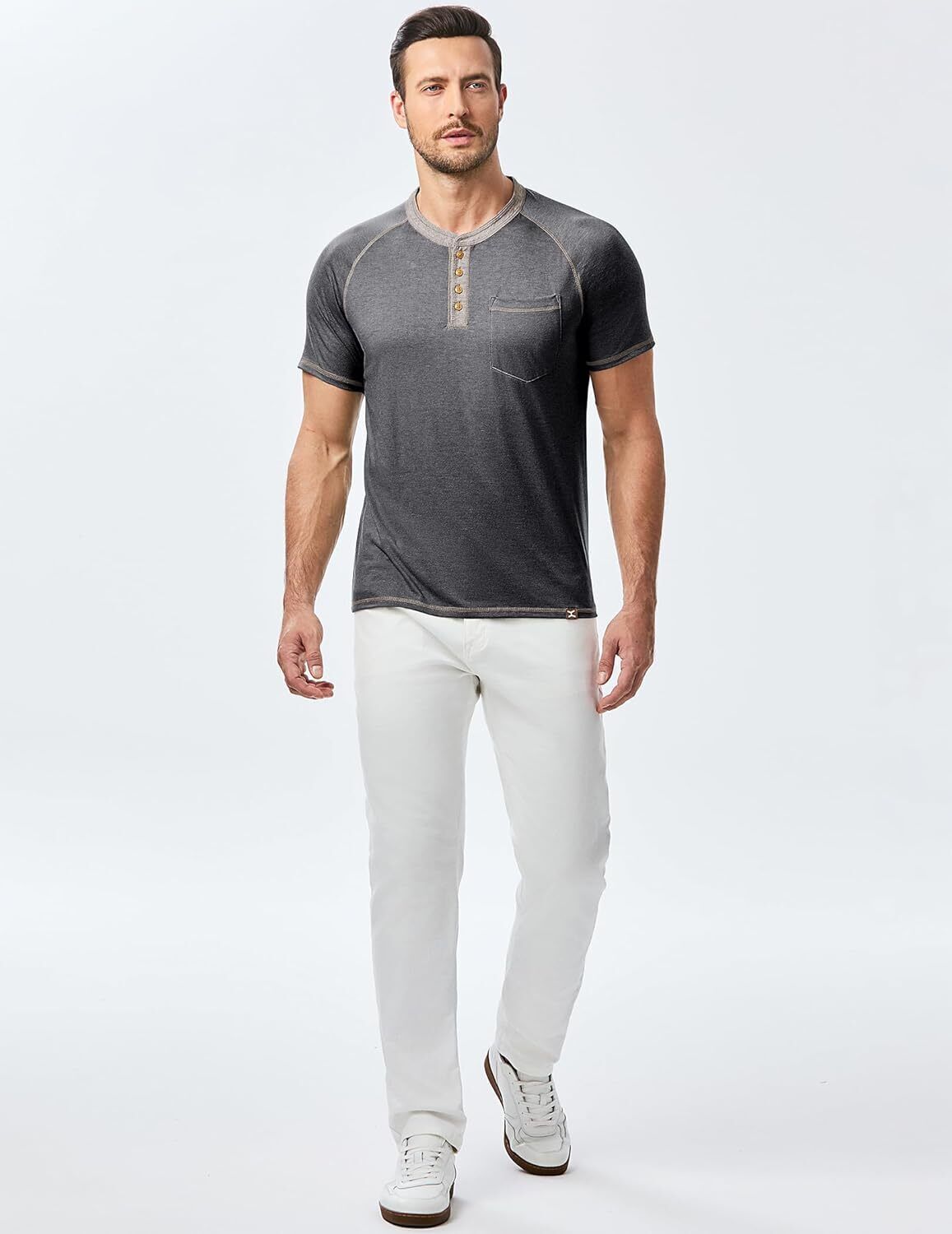 Men's Henley T Shirt Short Sleeve Cotton Raglan Casual Fit Soft Lightweight Tee - Picture 10 of 17