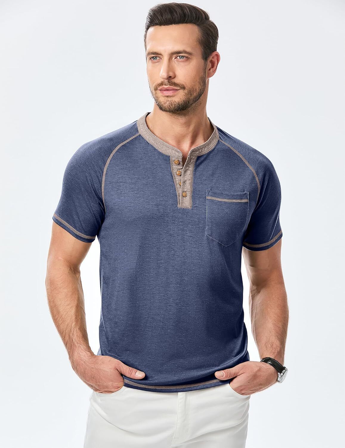 Men's Henley T Shirt Short Sleeve Cotton Raglan Casual Fit Soft Lightweight Tee - Picture 11 of 17