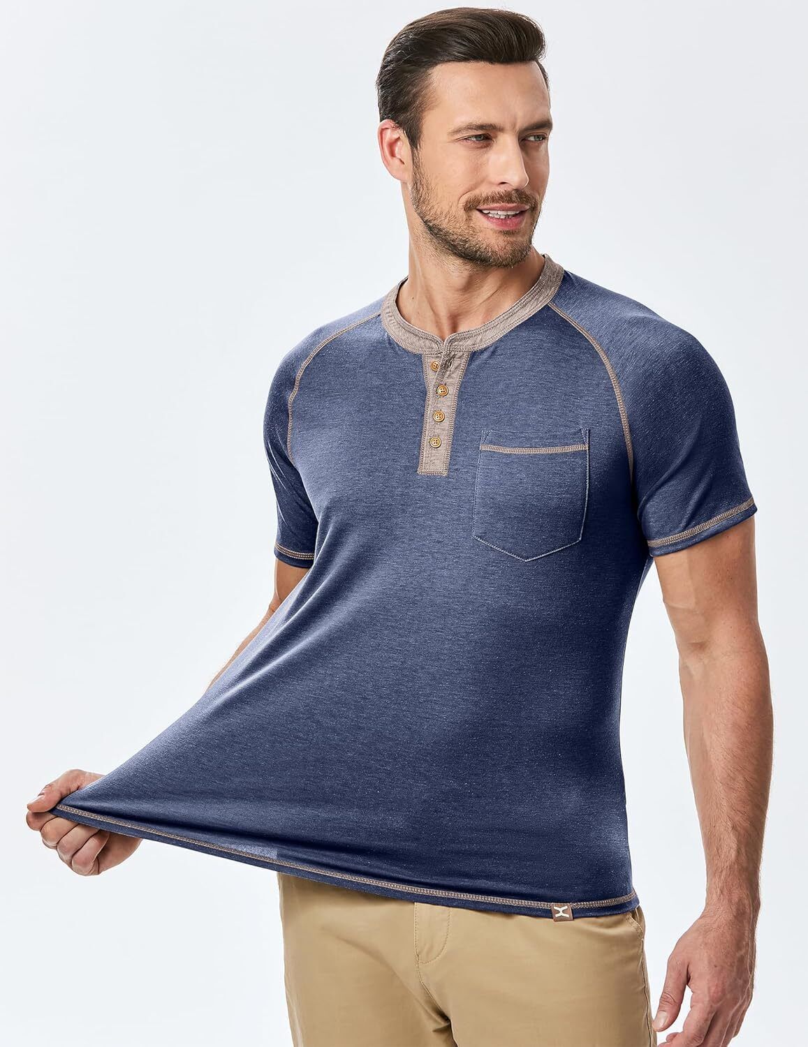Men's Henley T Shirt Short Sleeve Cotton Raglan Casual Fit Soft Lightweight Tee - Picture 12 of 17