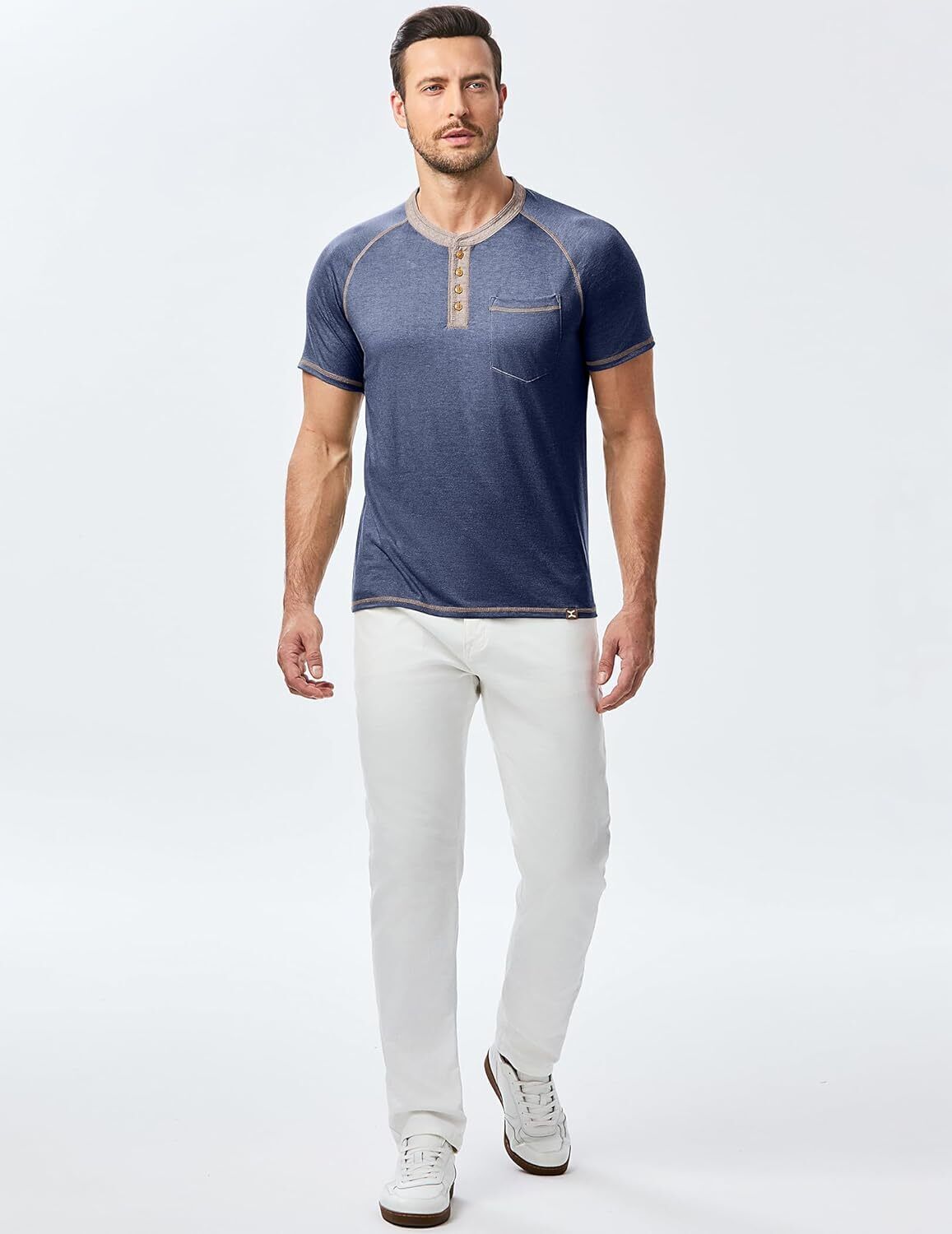 Men's Henley T Shirt Short Sleeve Cotton Raglan Casual Fit Soft Lightweight Tee - Picture 13 of 17