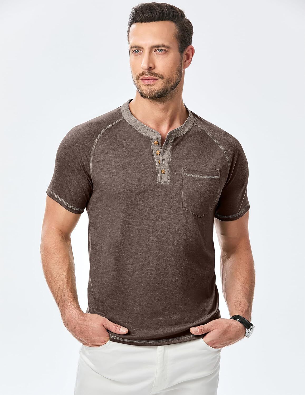 Men's Henley T Shirt Short Sleeve Cotton Raglan Casual Fit Soft Lightweight Tee - Picture 15 of 17