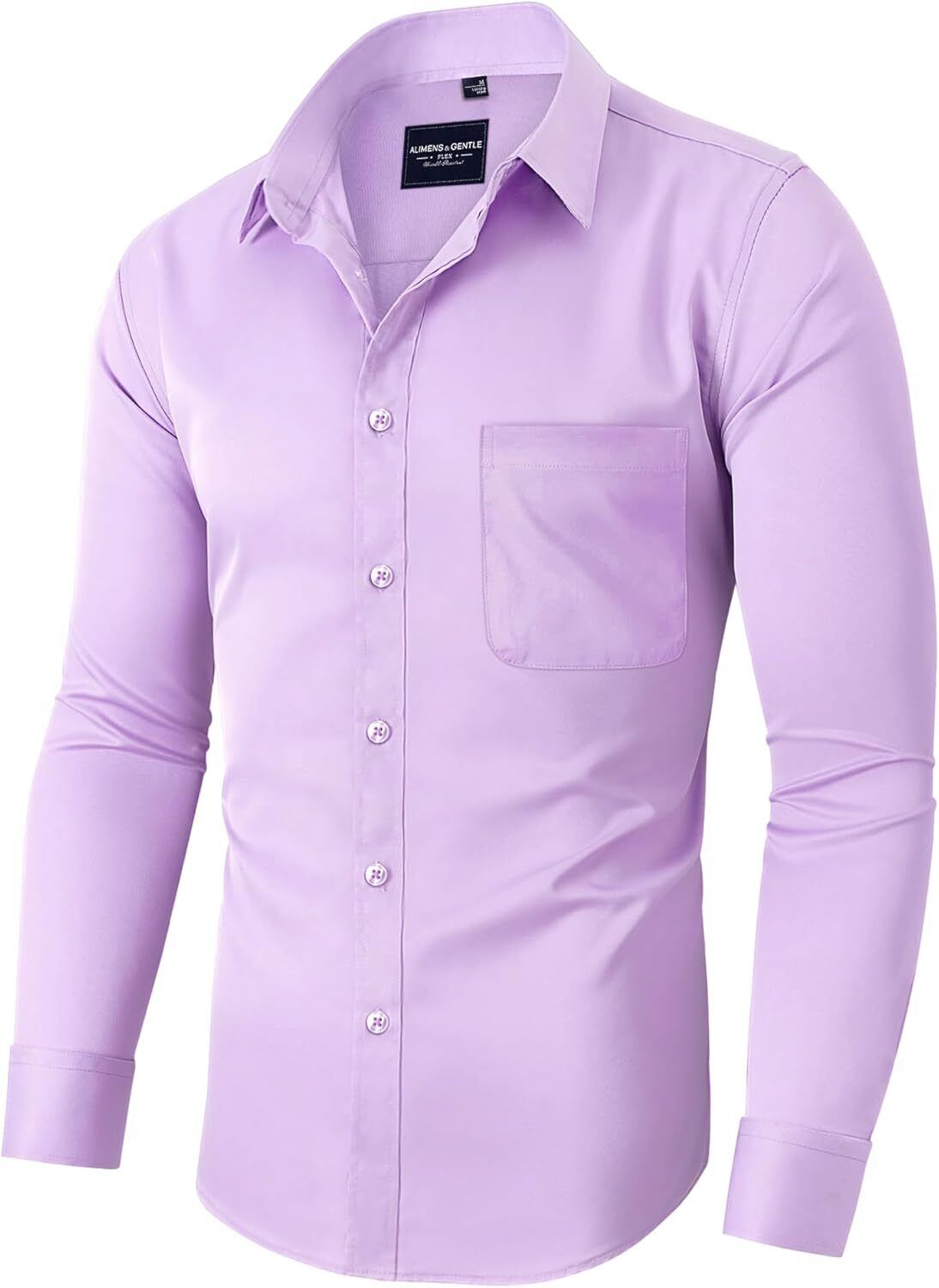 Mens Long Sleeve Dress Shirt Wrinkle-Free Stretch Formal Button-Down with Pocket - Picture 33 of 54