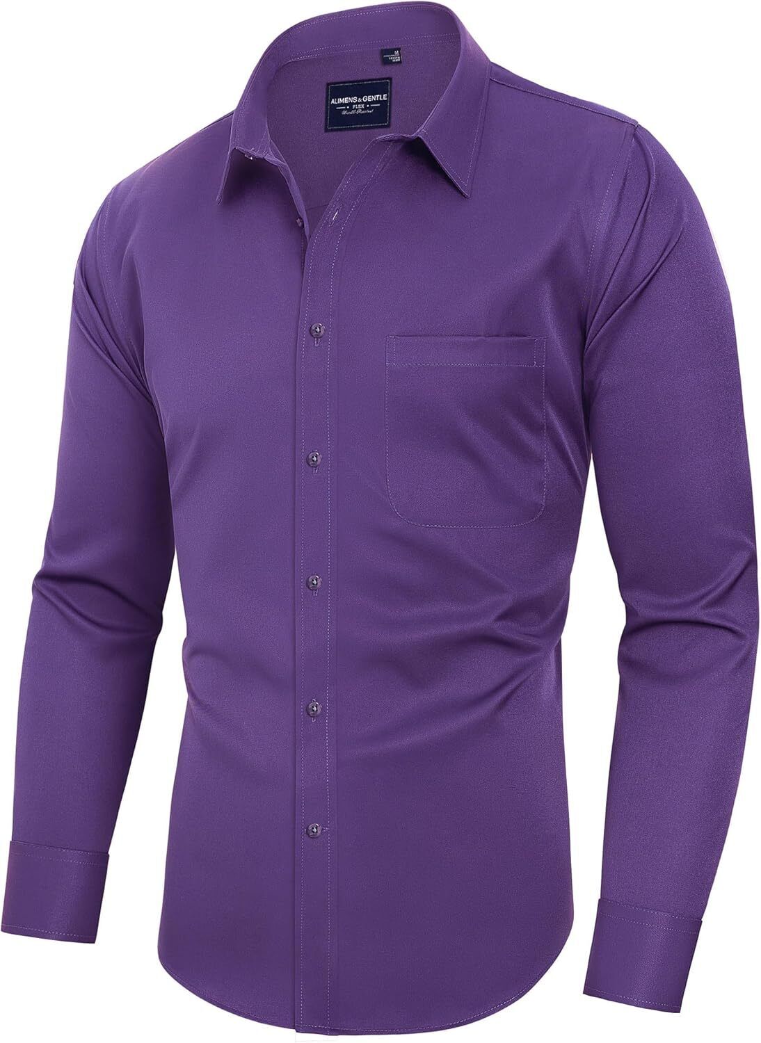 Mens Long Sleeve Dress Shirt Wrinkle-Free Stretch Formal Button-Down with Pocket - Picture 37 of 54