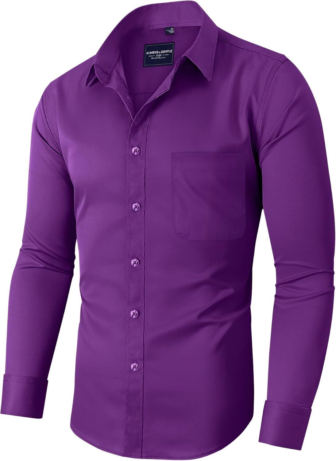 Mens Long Sleeve Dress Shirt Wrinkle-Free Stretch Formal Button-Down with Pocket - Picture 42 of 54