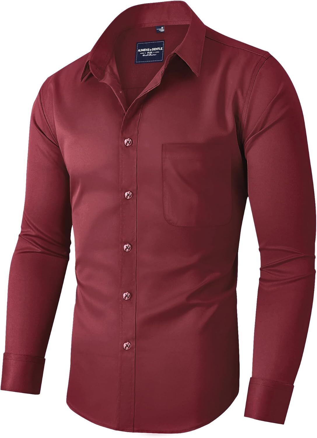 Mens Long Sleeve Dress Shirt Wrinkle-Free Stretch Formal Button-Down with Pocket - Picture 52 of 54