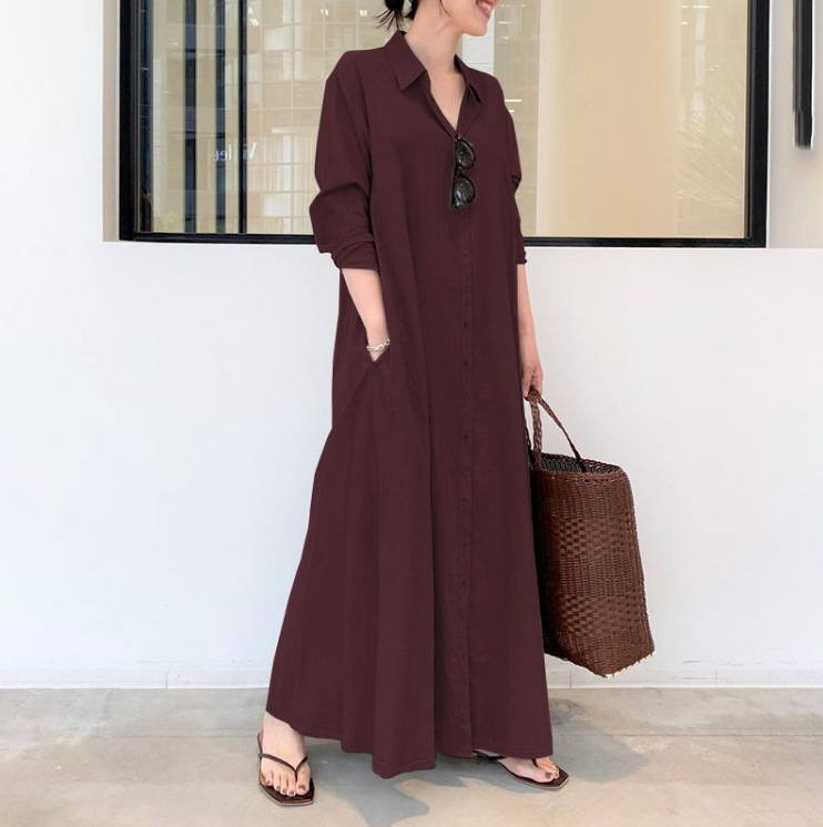Women's Cotton Linen Solid Color Lapel Long Sleeve Loose Casual Shirt Dress - Picture 13 of 23