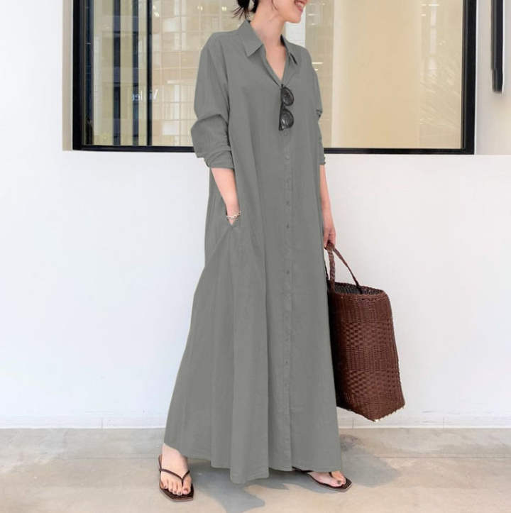 Women's Cotton Linen Solid Color Lapel Long Sleeve Loose Casual Shirt Dress - Picture 14 of 23