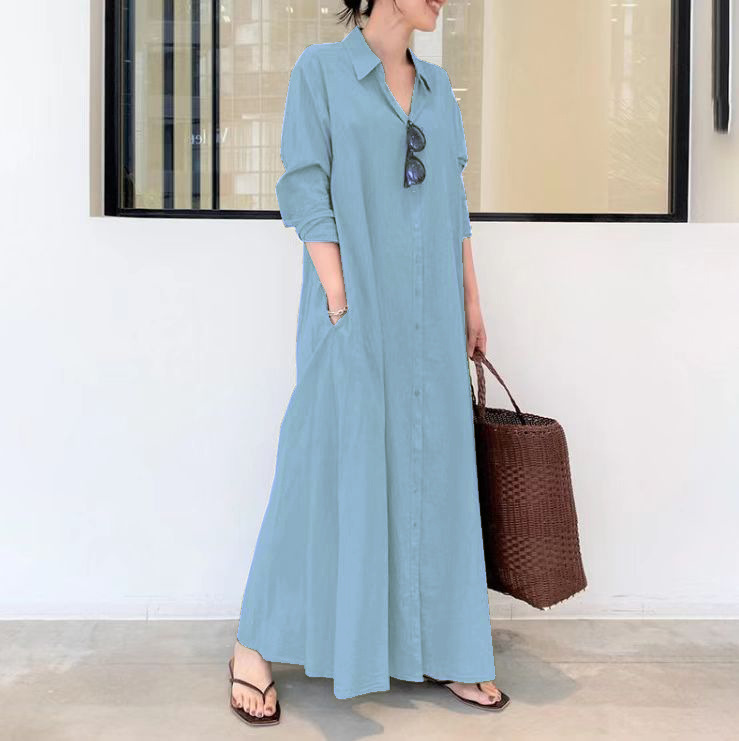 Women's Cotton Linen Solid Color Lapel Long Sleeve Loose Casual Shirt Dress - Picture 16 of 23