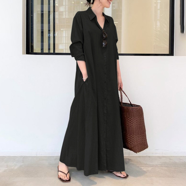 Women's Cotton Linen Solid Color Lapel Long Sleeve Loose Casual Shirt Dress - Picture 18 of 23