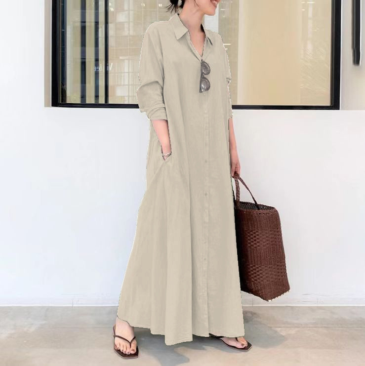 Women's Cotton Linen Solid Color Lapel Long Sleeve Loose Casual Shirt Dress - Picture 19 of 23