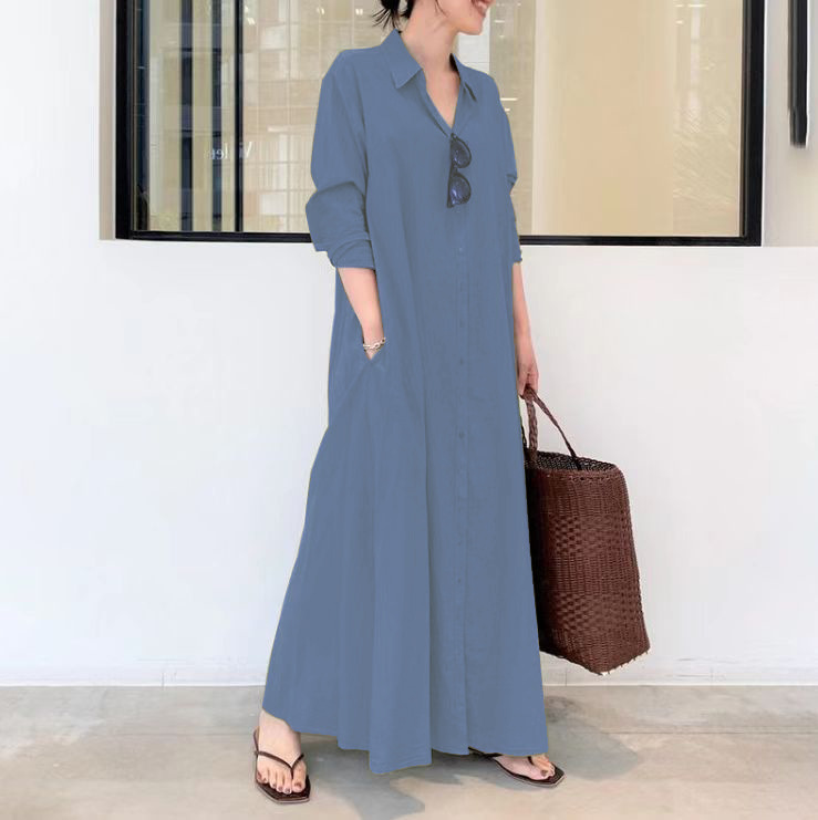Women's Cotton Linen Solid Color Lapel Long Sleeve Loose Casual Shirt Dress - Picture 20 of 23