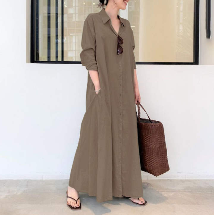 Women's Cotton Linen Solid Color Lapel Long Sleeve Loose Casual Shirt Dress - Picture 21 of 23