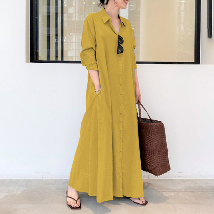 Women's Cotton Linen Solid Color Lapel Long Sleeve Loose Casual Shirt Dress - Picture 22 of 23